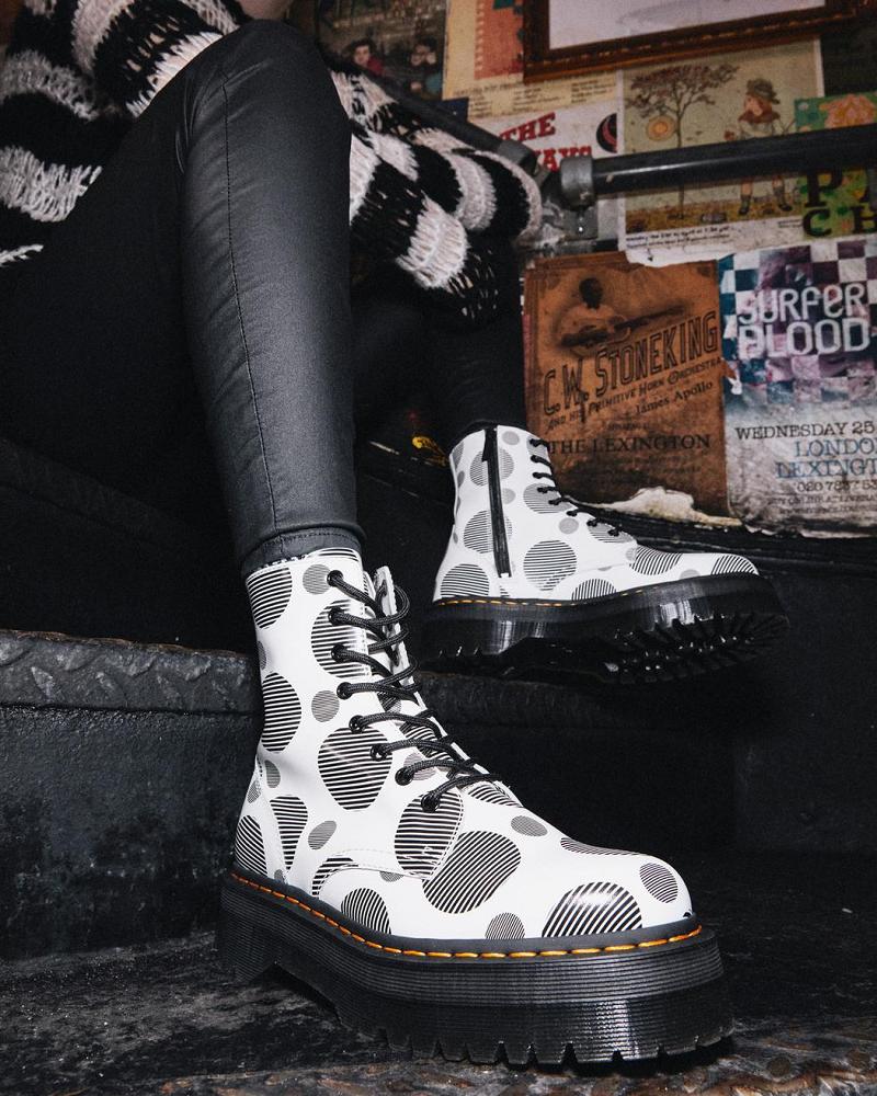 White Men's Dr Martens Jadon Polka Dot Smooth Leather Platform Boots | CA 558QMA